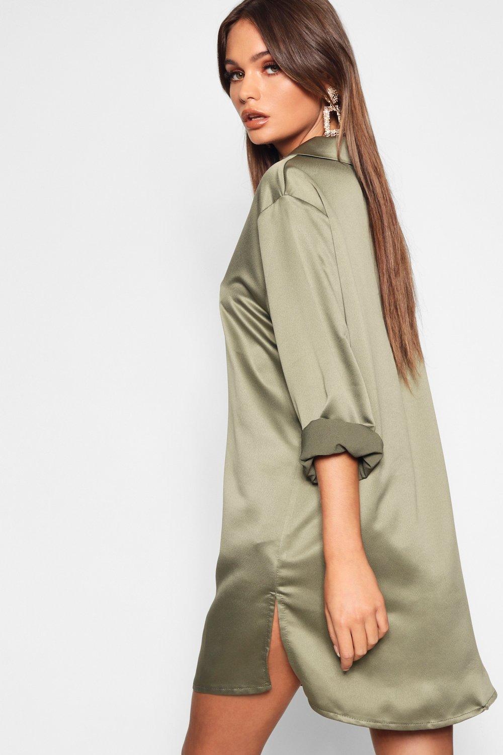 Khaki Silky Shirt Dress