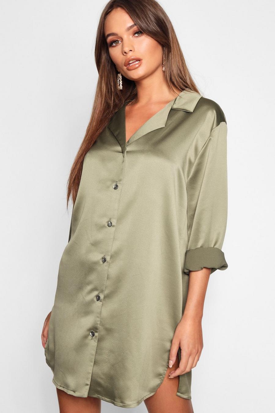 Khaki Luxe oversize skjortklänning i satin image number 1