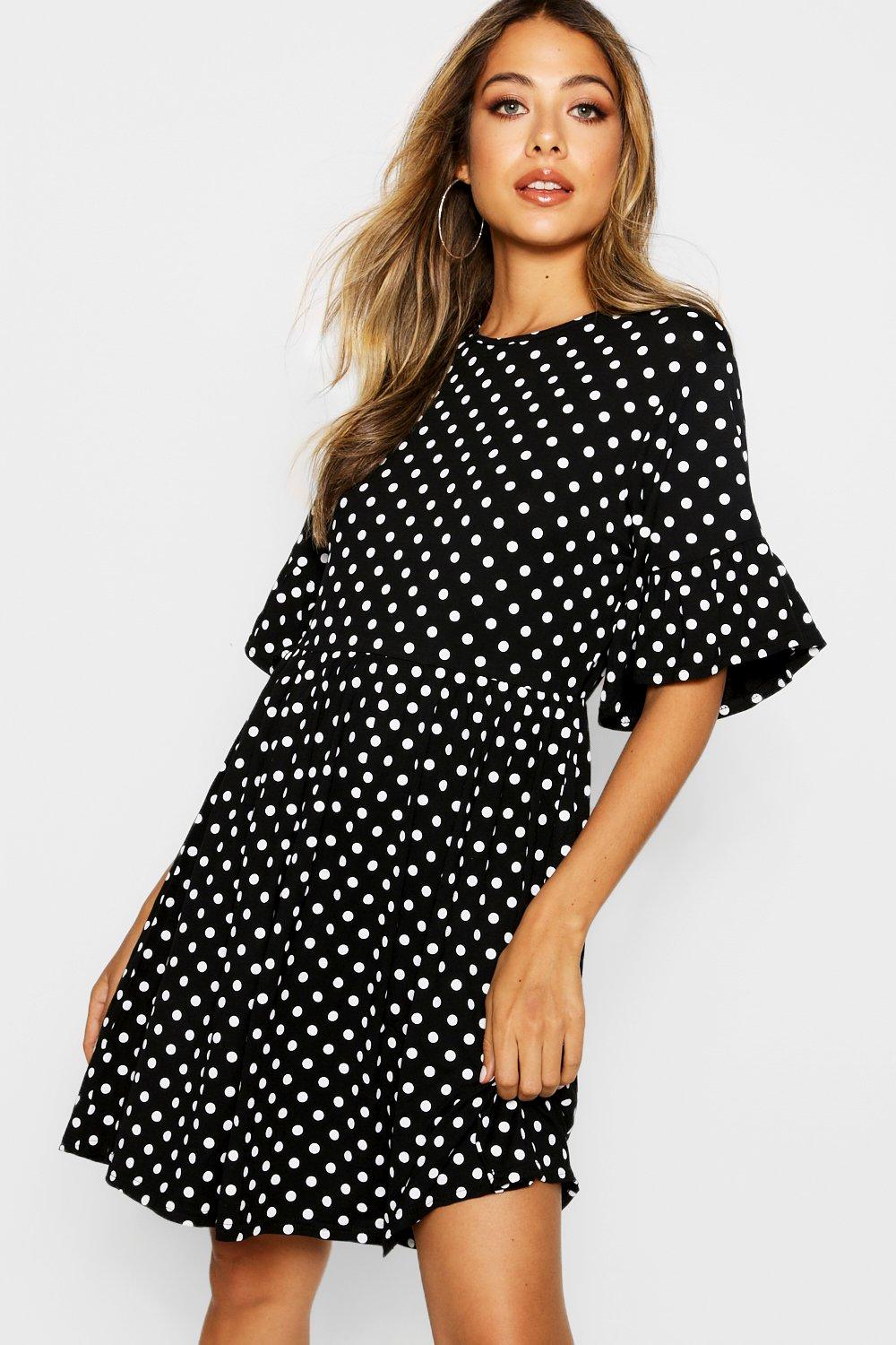 black polka dot ruffle dress