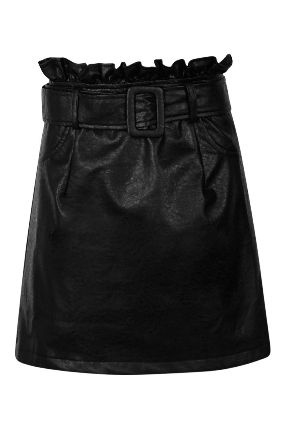 Belted PU Paper Bag Leather Look Waist Skirt