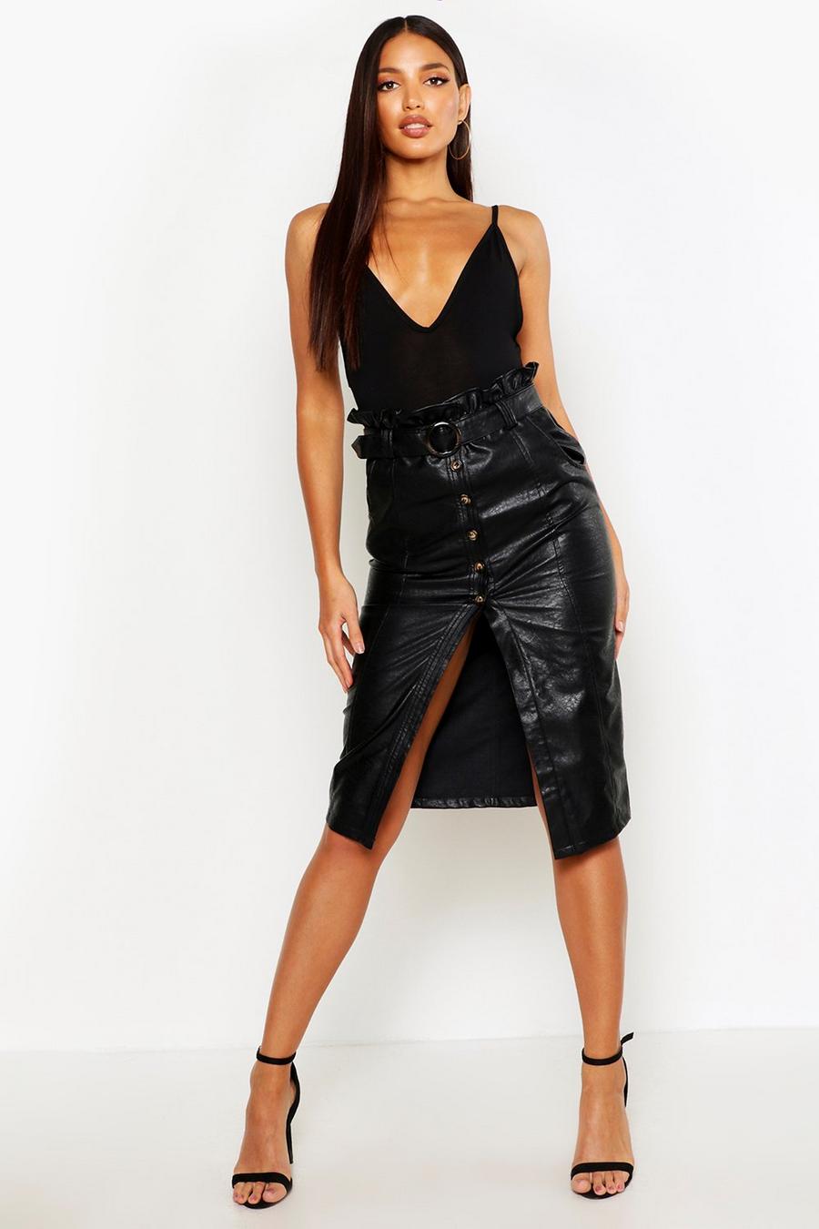 Faux Leather Mock Horn Button Paperbag Midi Skirt image number 1