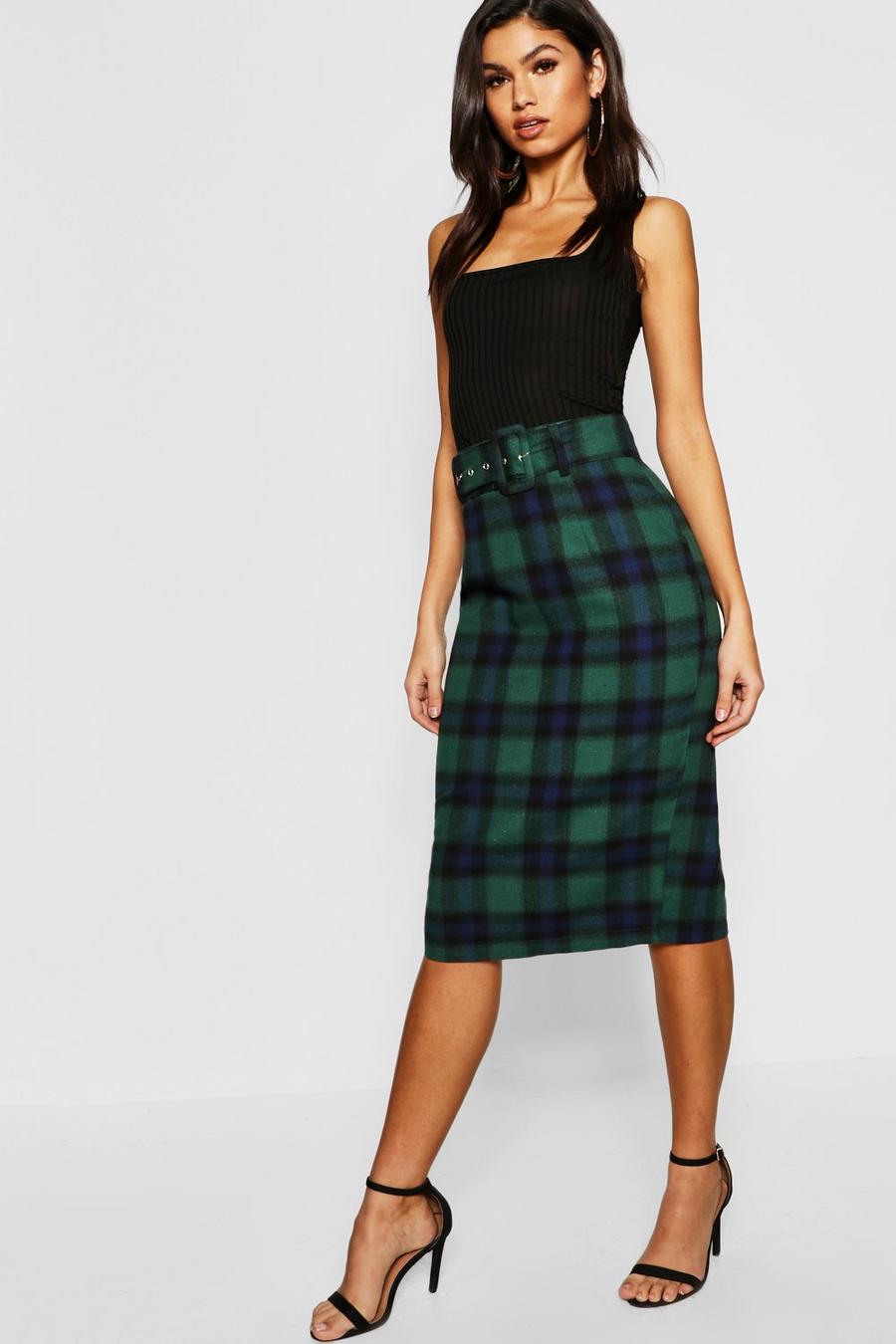 Green Plaid Check Belted Midi Skirt image number 1