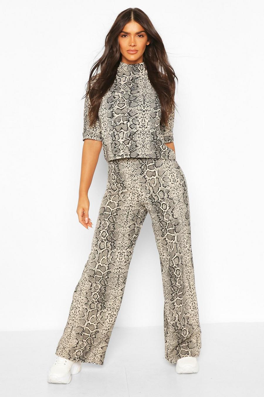 High Neck Snake Print Top + Wide Leg Pants Two-Piece image number 1