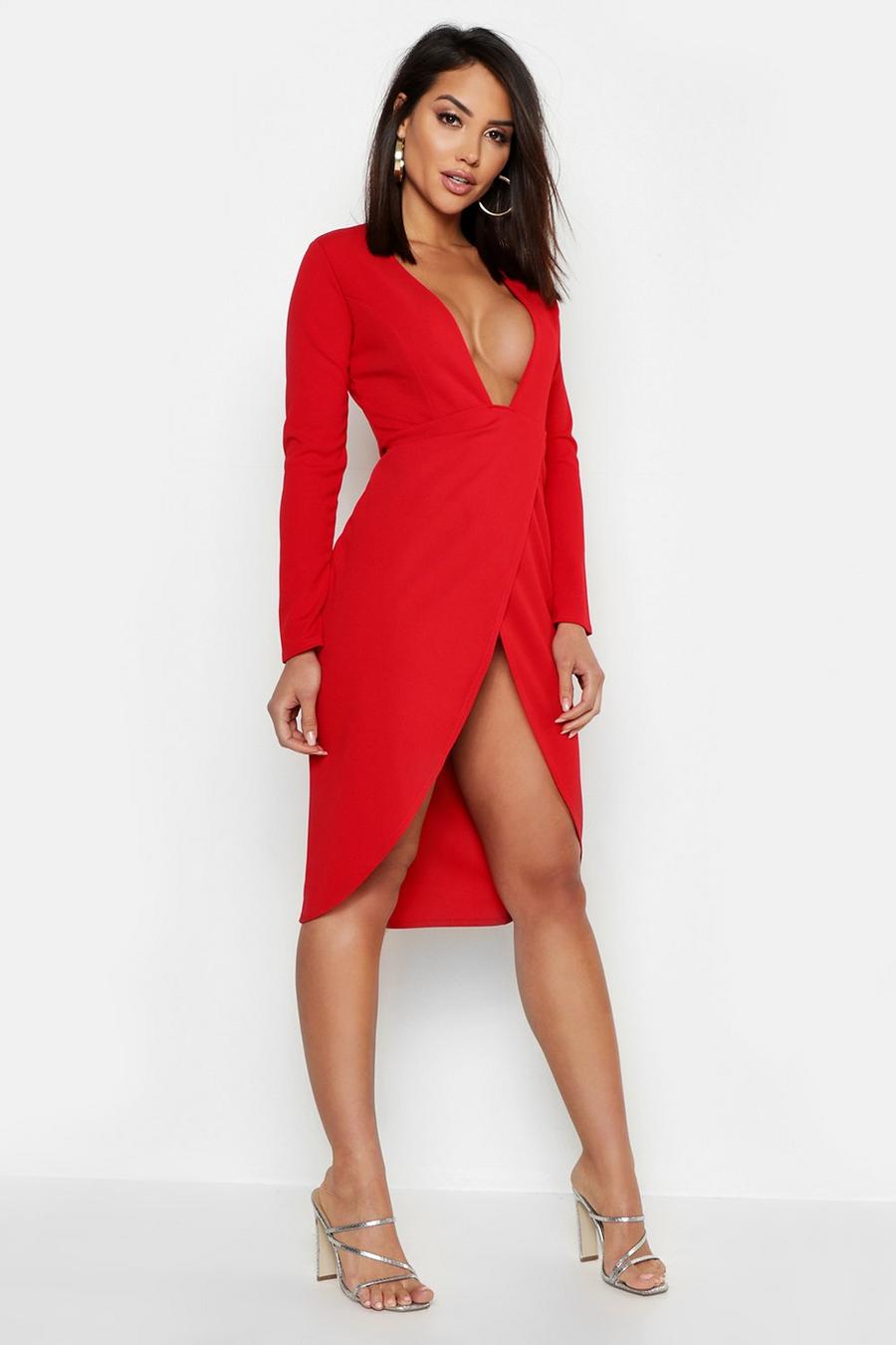 Red Plunge Front Thigh Split Midi Dress image number 1