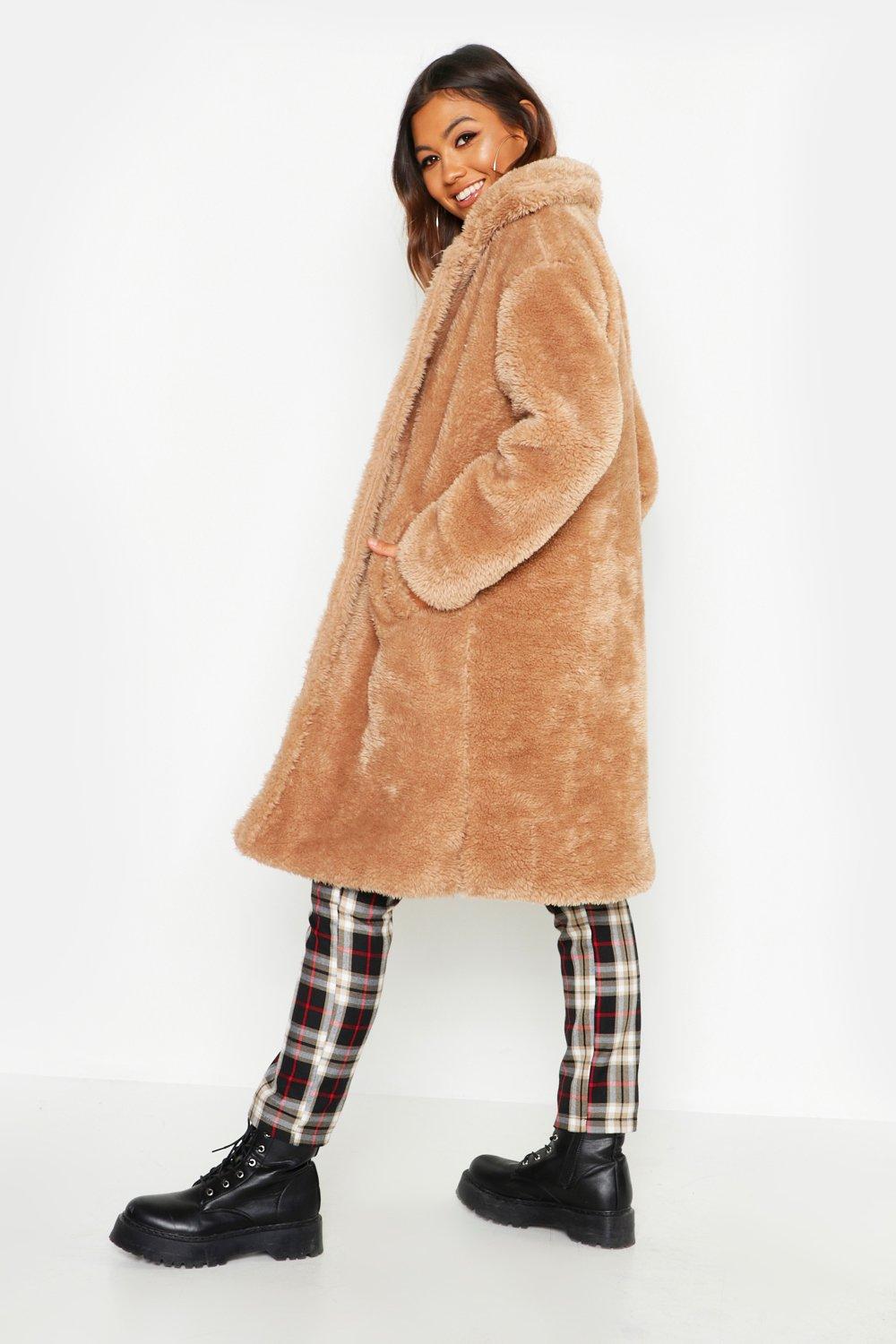 camel teddy faux fur coat