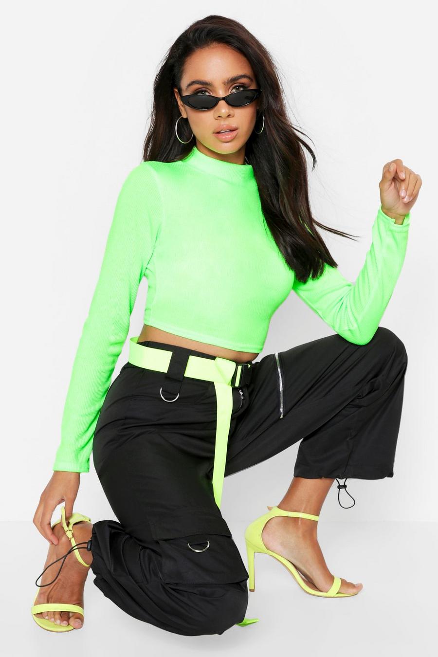 Lime High Neck Long Sleeve Ribbed Top image number 1