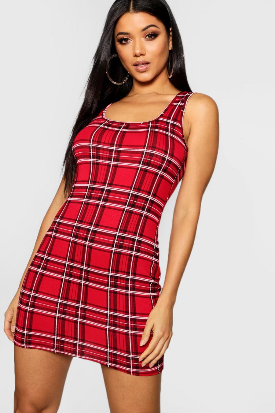 Red Micro Mini Plaid Bodycon Dress image number 1