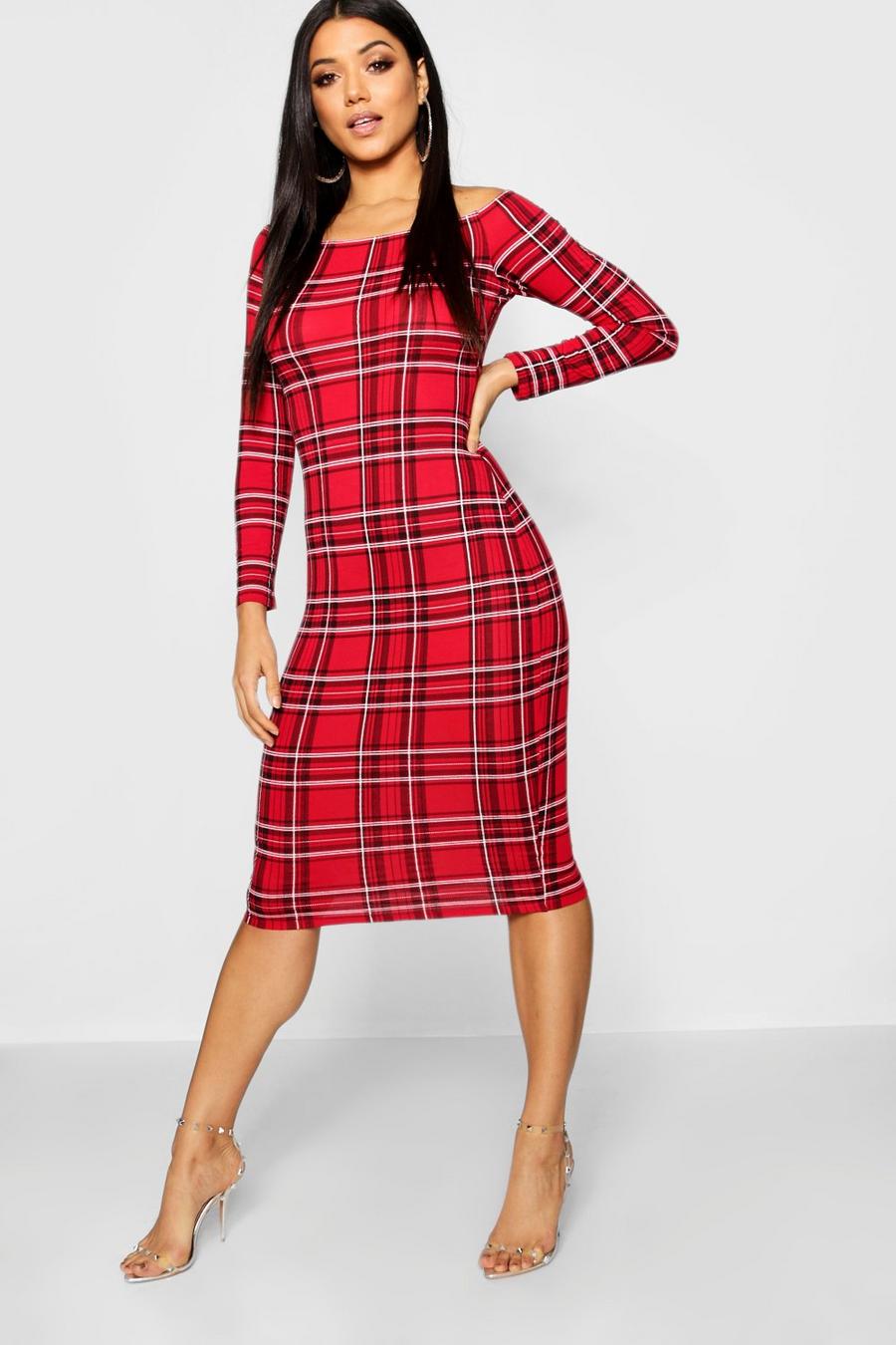 Red Tartan Off The Shoulder Midi Dress image number 1