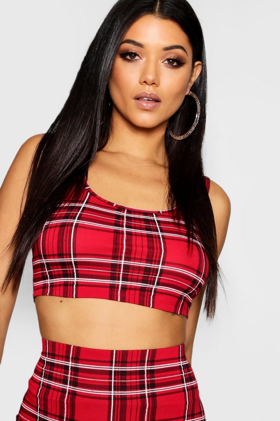 Red Plaid Square Neck Crop Top image number 1