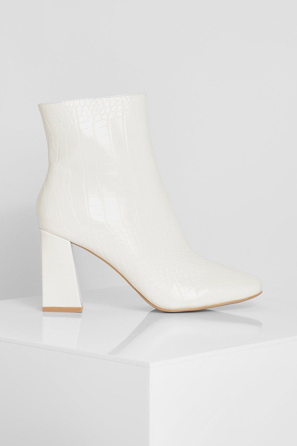 White Croc Block Heel Sock Boots | boohoo