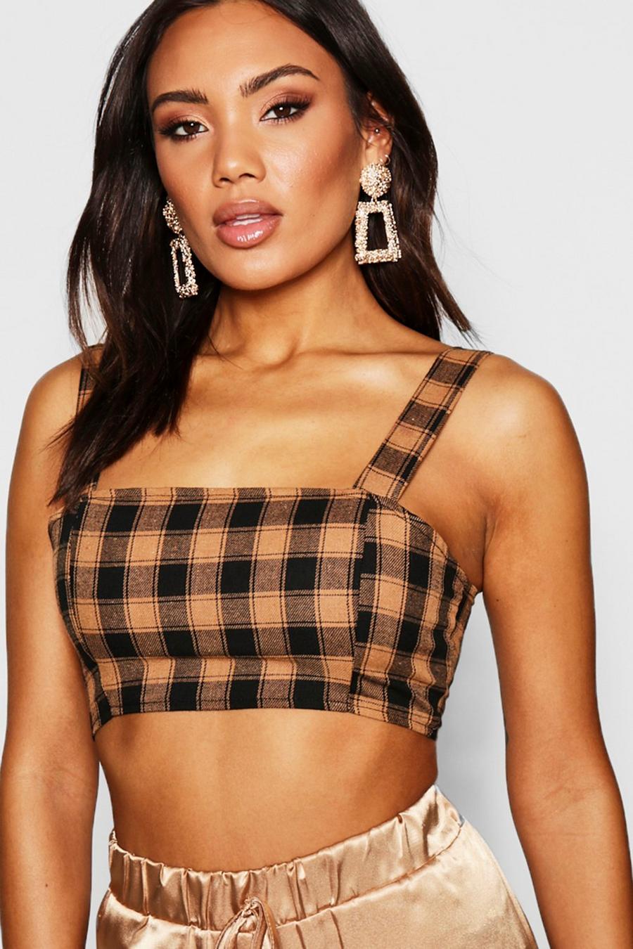 Check Square Neck Crop Top, Tan image number 1