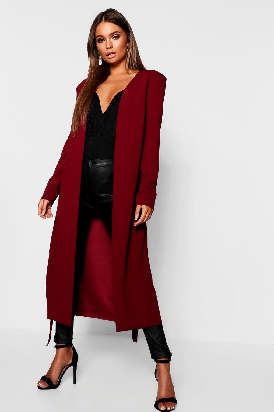 Berry Ruched Waist Maxi Duster Jacket image number 1