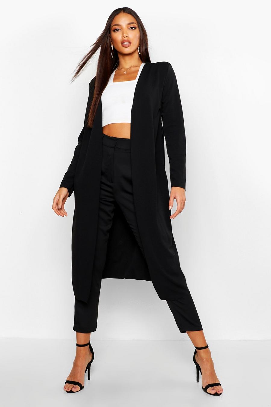 Black Ruched Waist Maxi Duster Jacket