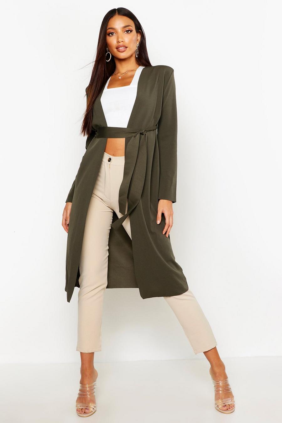 Maxi Duster-Mantel mit geraffter Taille, Khaki image number 1