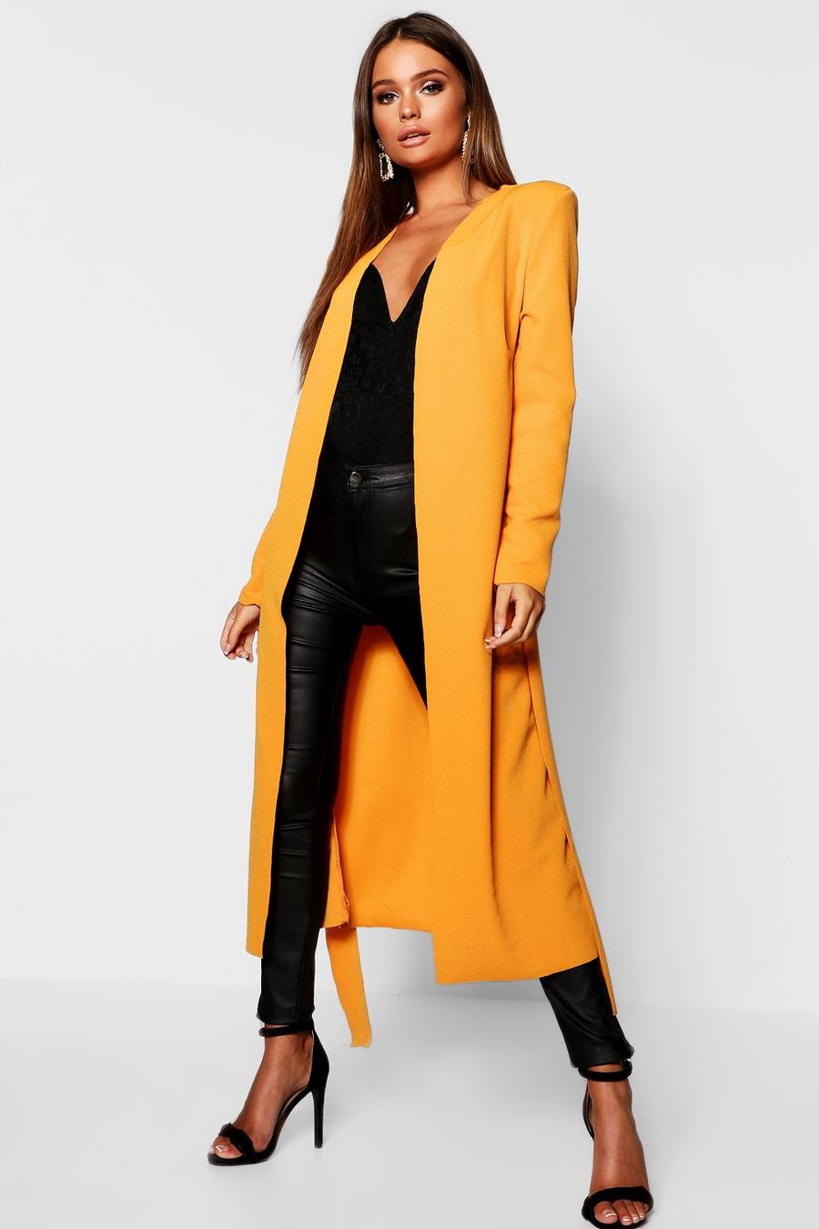 Mustard Ruched Waist Maxi Duster Jacket image number 1