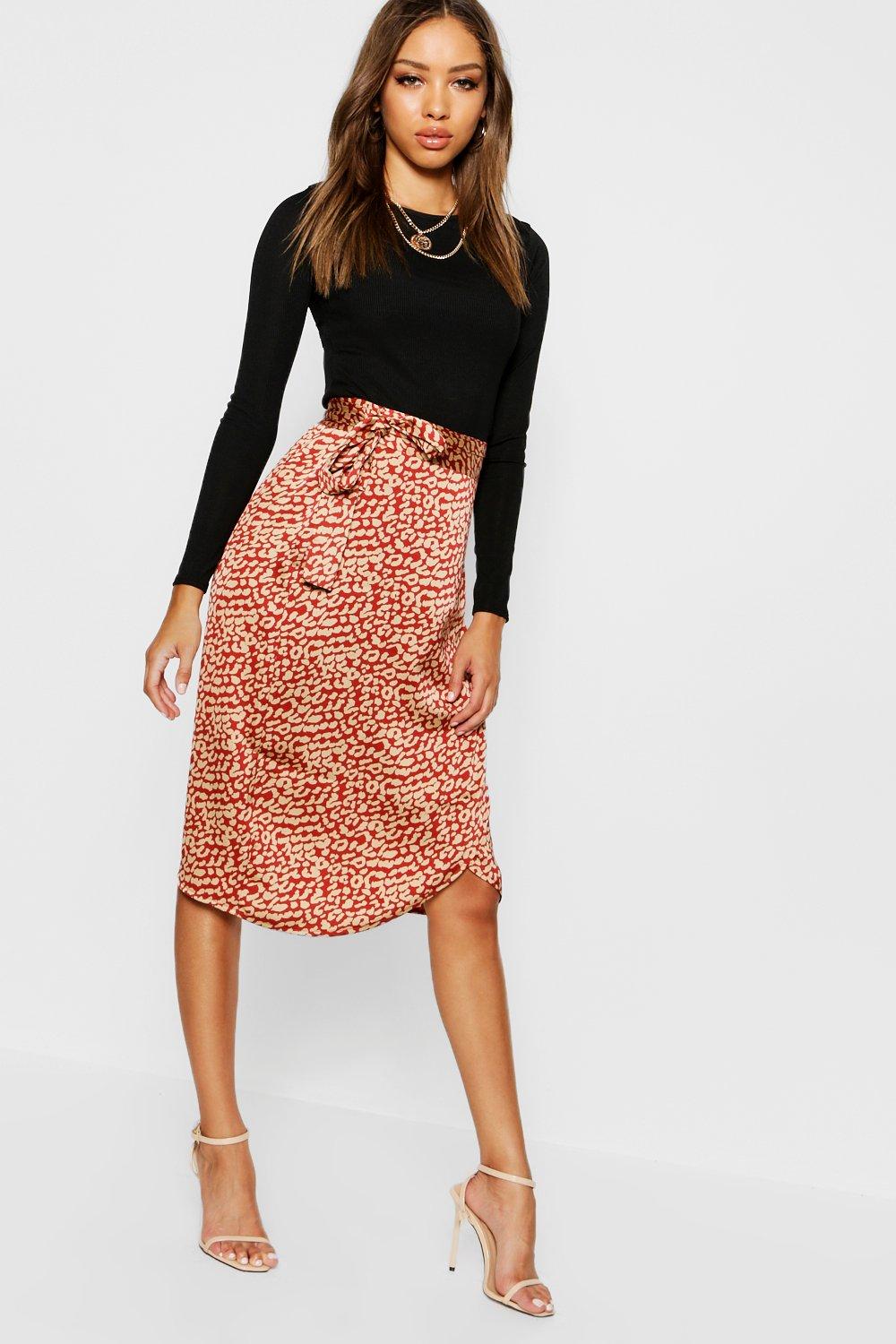 Leopard Satin Wrap Midi Skirt | boohoo