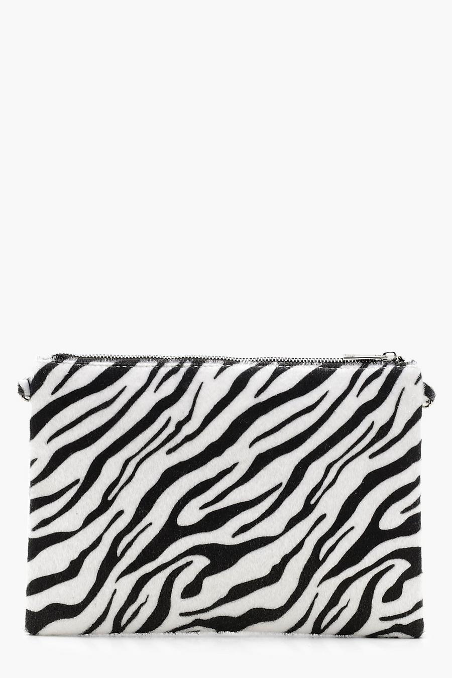 Faux Zebra Print Clutch Bag With Chain, Black image number 1