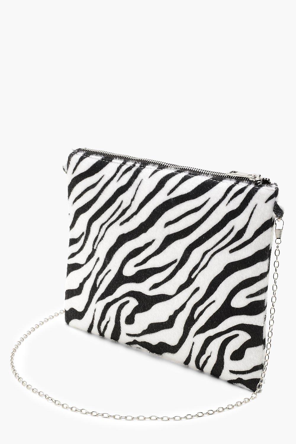 Faux Zebra Print Clutch Bag With Chain