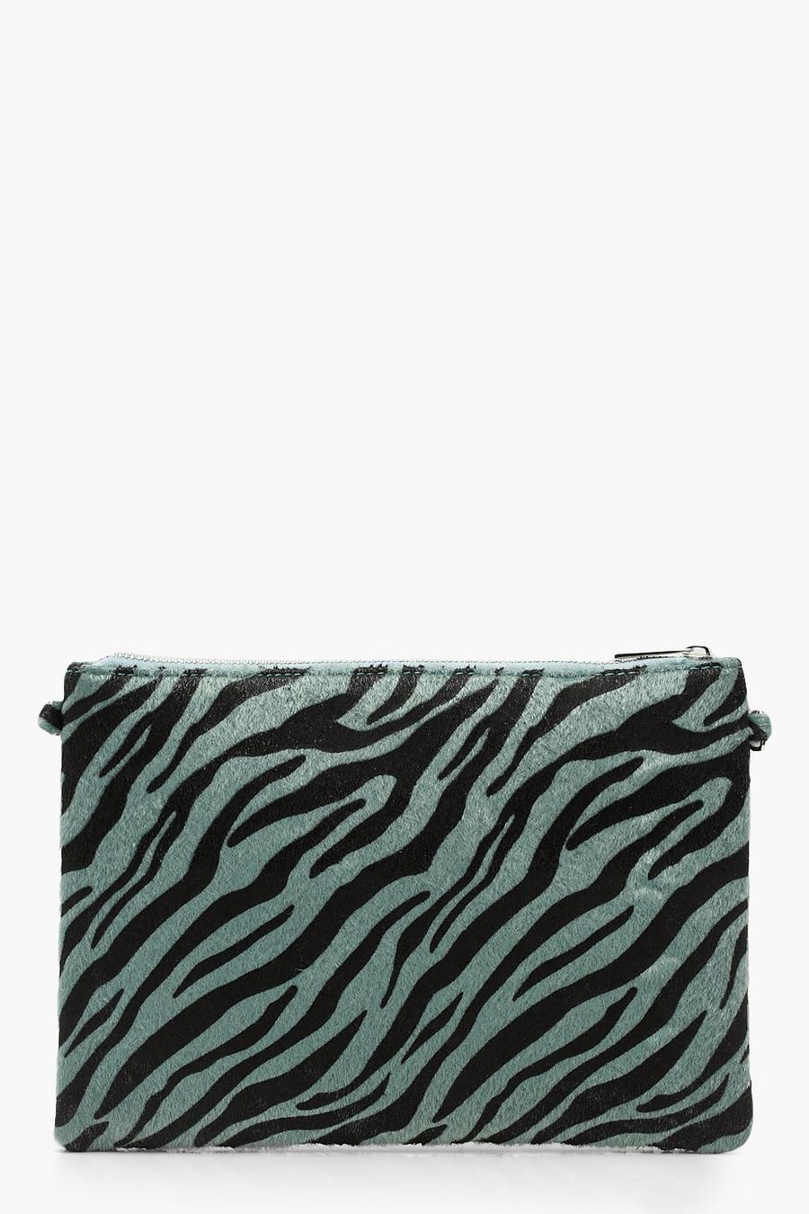 Faux Zebra Print Clutch Bag With Chain, Green image number 1