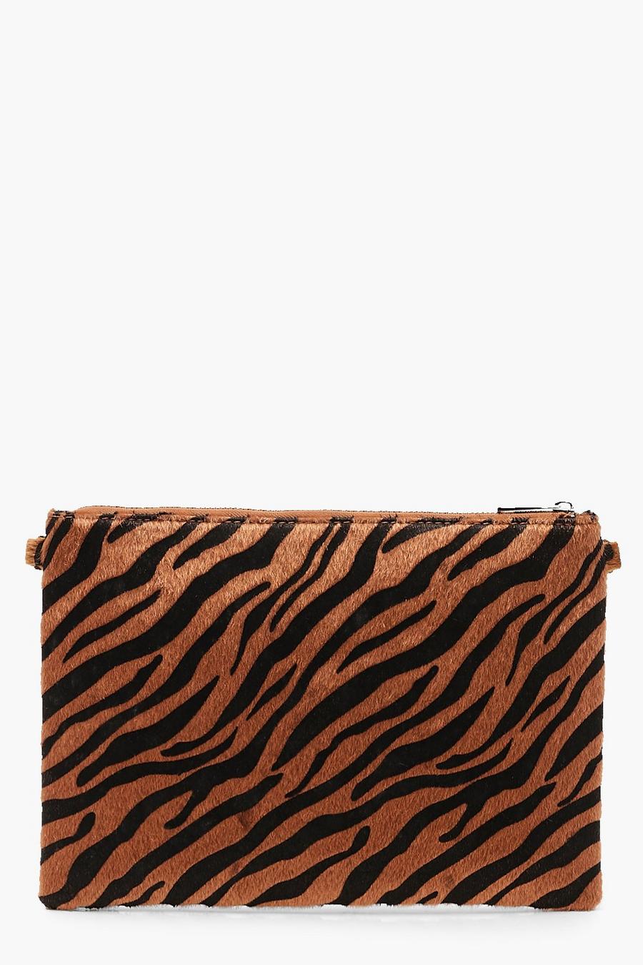 Faux Zebra Print Clutch Bag With Chain, Natural image number 1
