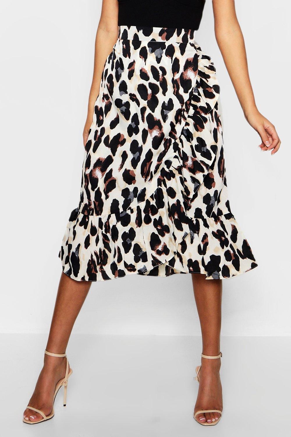 boohoo satin ruffle wrap dress in leopard