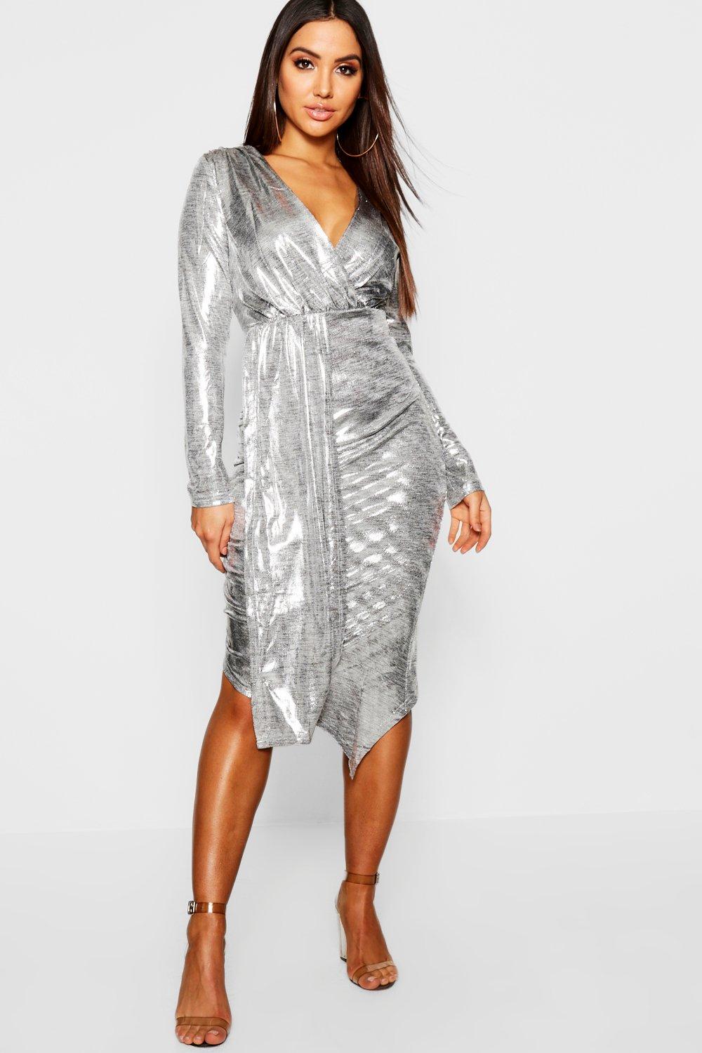 silver metallic wrap dress