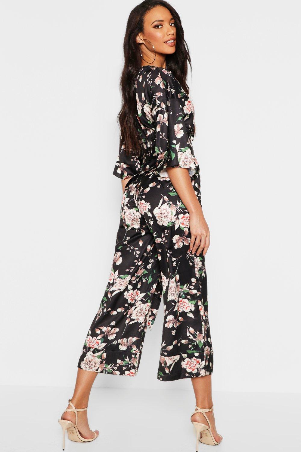 Satin Floral Kimono Sleeve Jumpsuit
