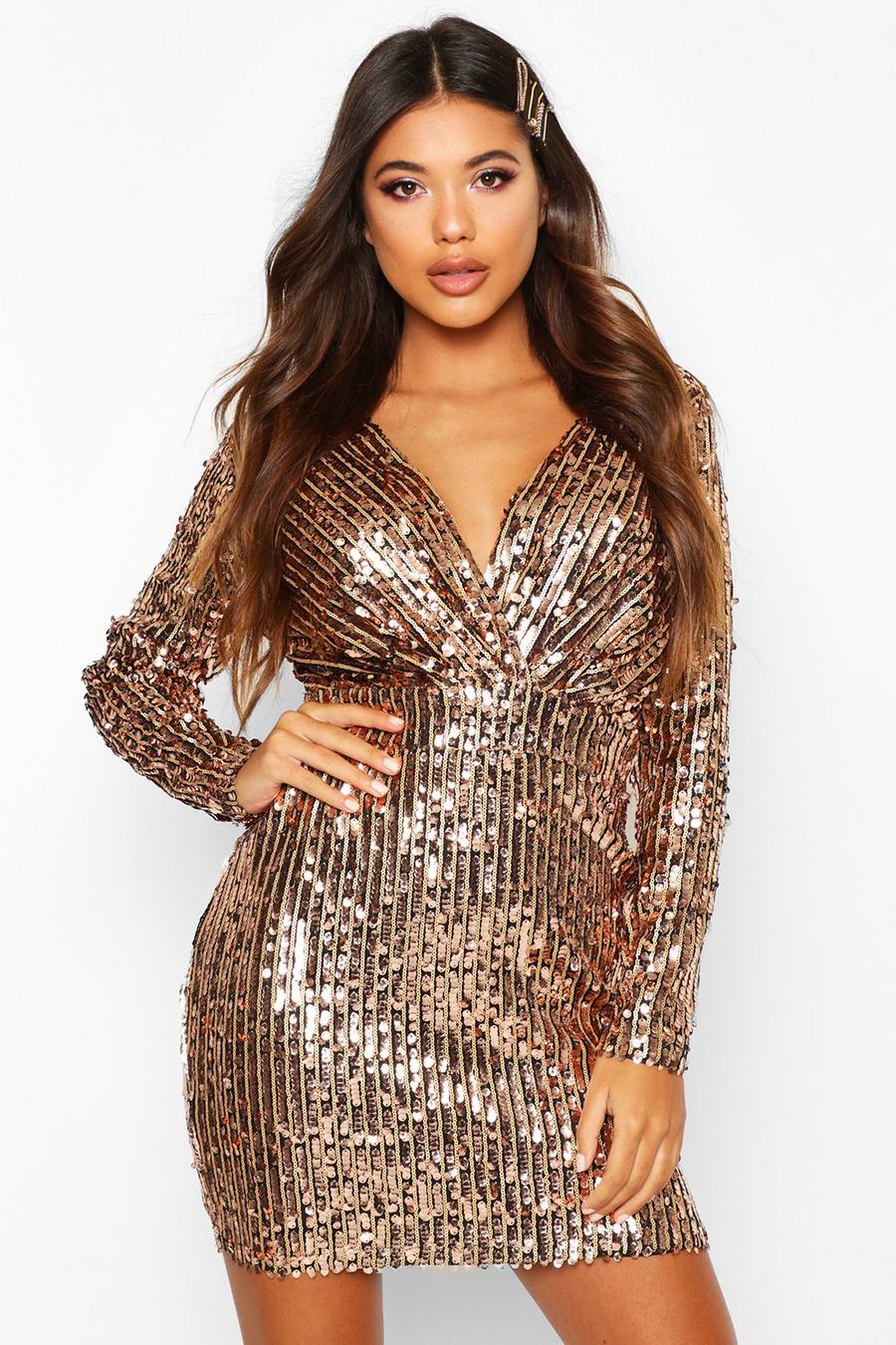 Rose Stripe Sequin Long Sleeve Wrap Bodycon Dress image number 1