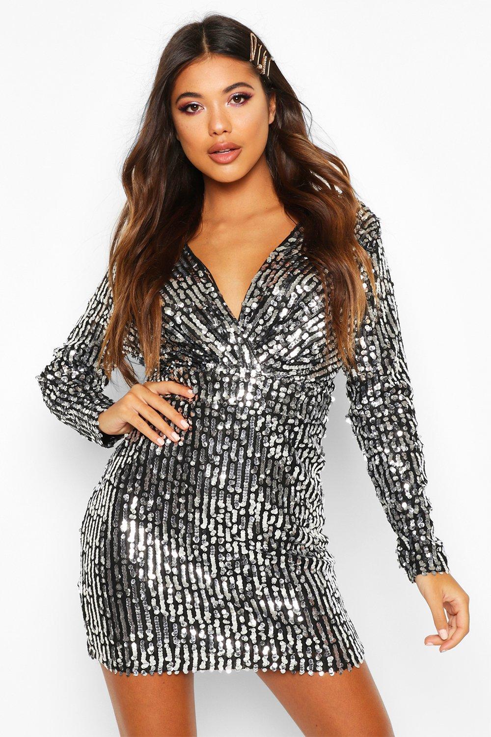 long sleeve sequin skater dress