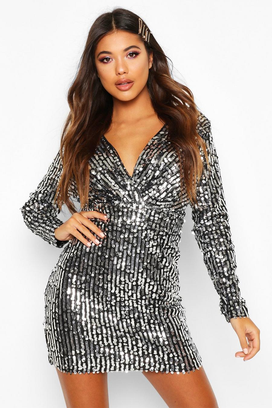 Silver Stripe Sequin Long Sleeve Wrap Bodycon Dress image number 1