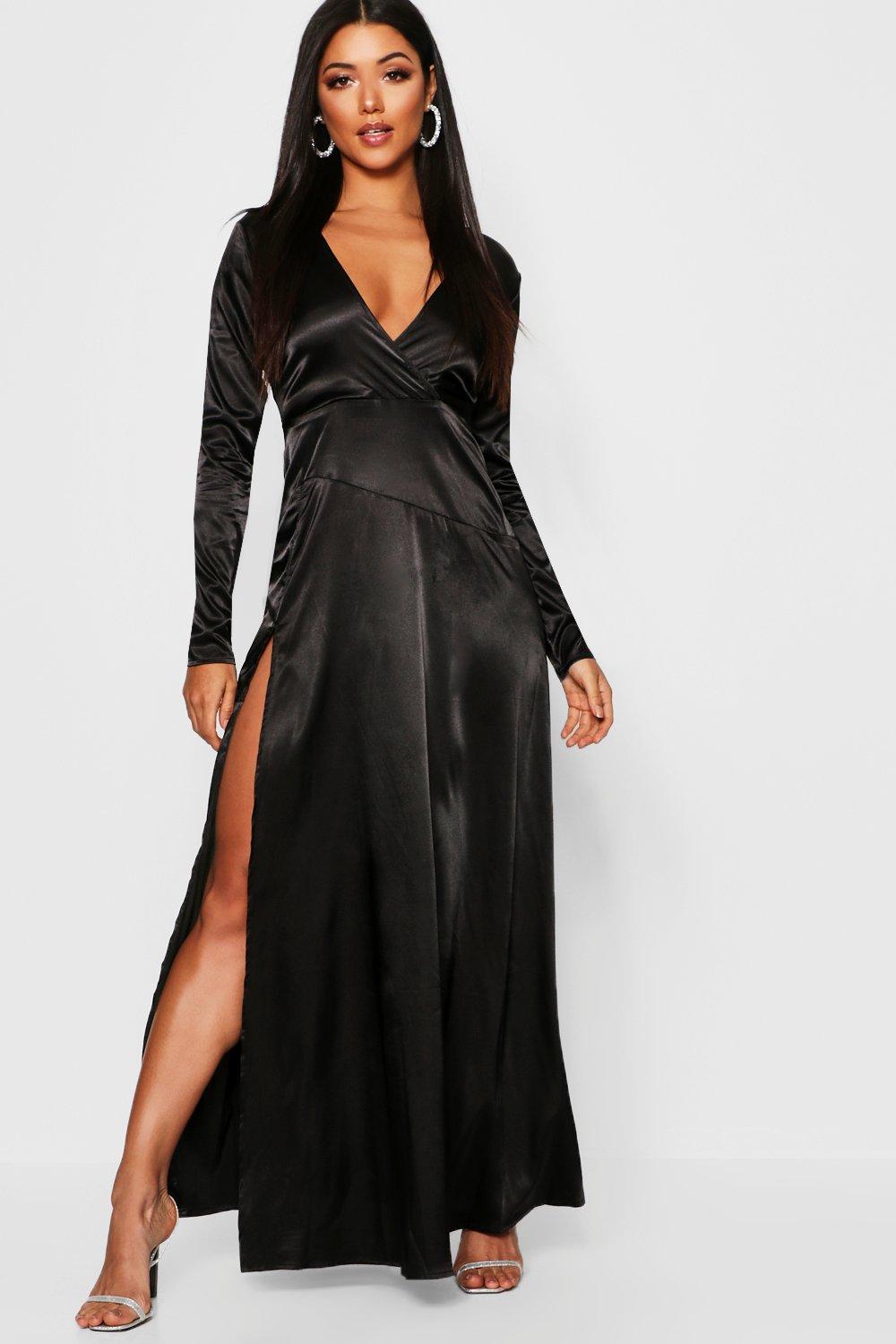 black satin wrap maxi dress