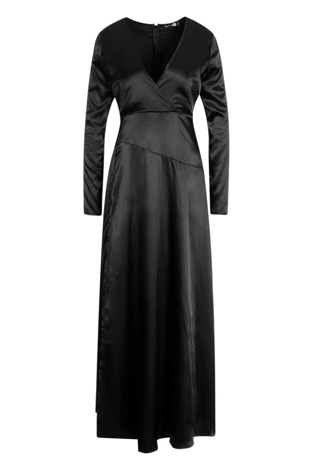 Satin Wrap Detail Long Sleeve Maxi Dress