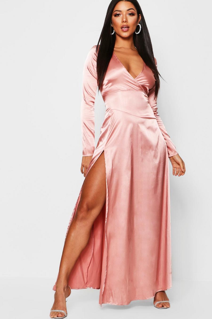 Rose Satin Wrap Detail Long Sleeve Maxi Dress image number 1