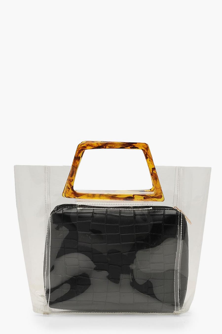 Bolso transparente con mango de resina de carey, Negro image number 1