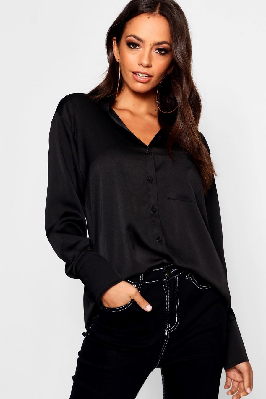 Black Long Sleeve Satin Shirt image number 1