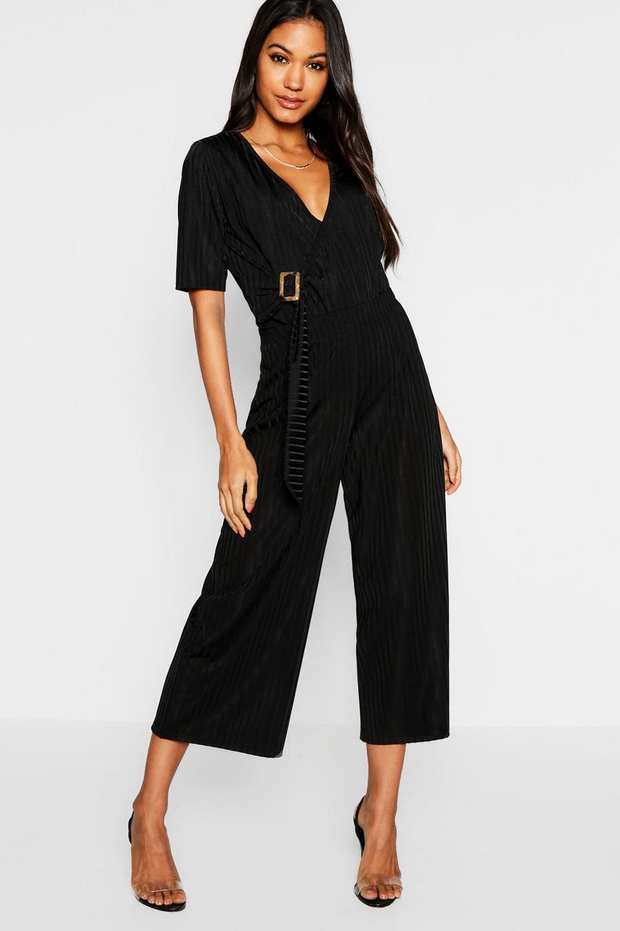 Black Buckle Detail Slinky Rib Wrap Top + Culotte Co-Ord image number 1