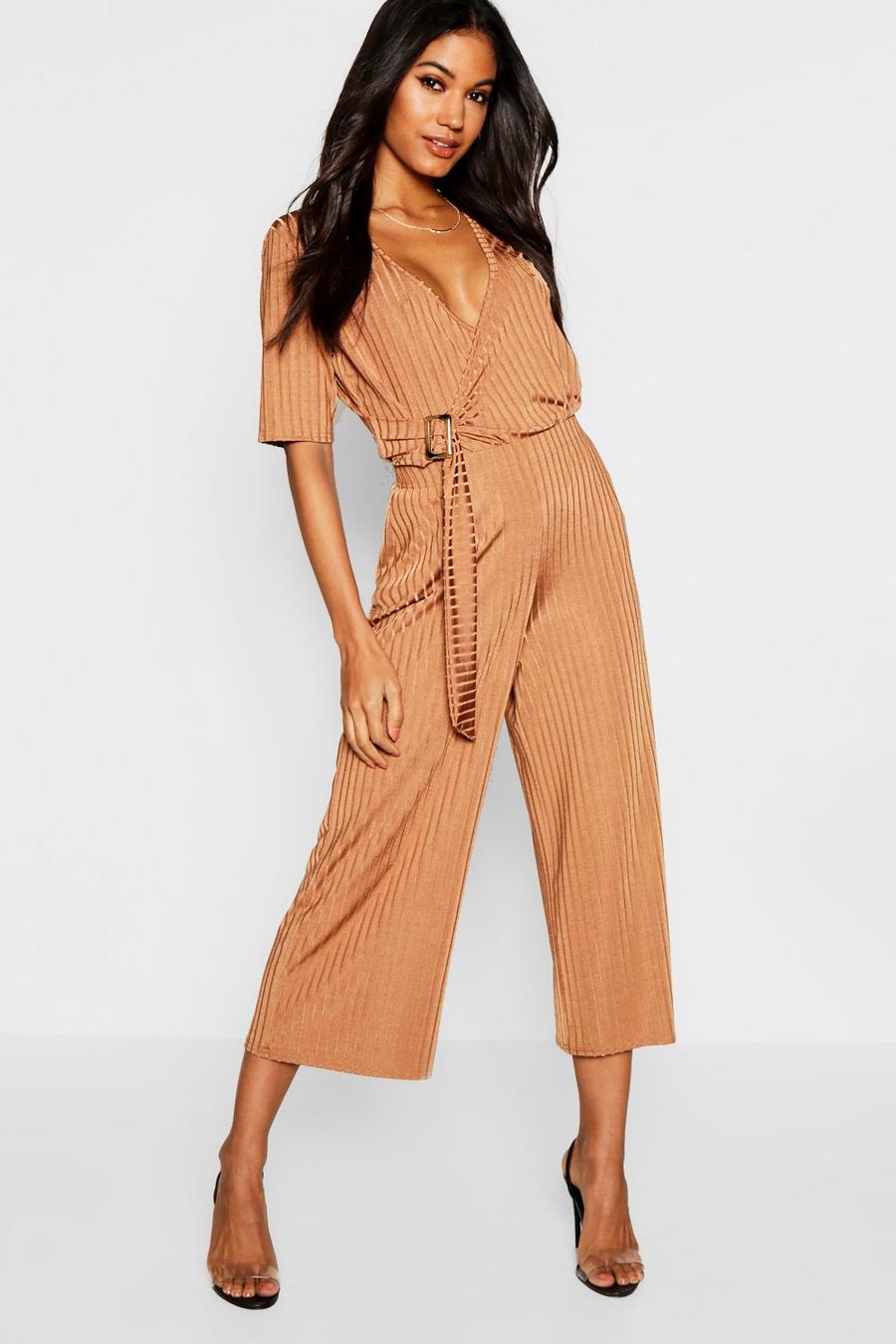 Camel Buckle Detail Slinky Rib Wrap Top + Culotte Co-Ord image number 1