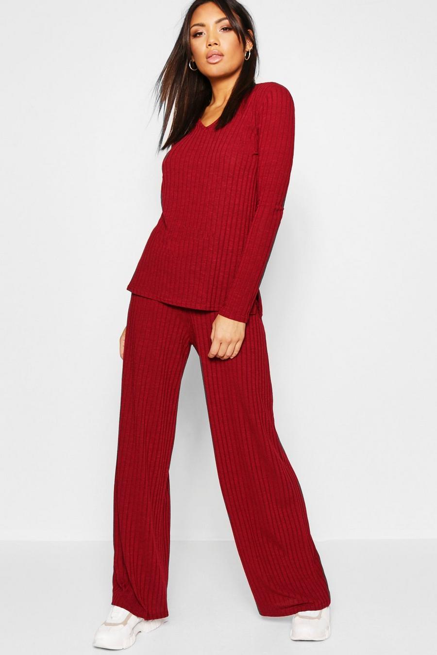 Wine red Rib Wide Leg Trouser Co-Ord image number 1