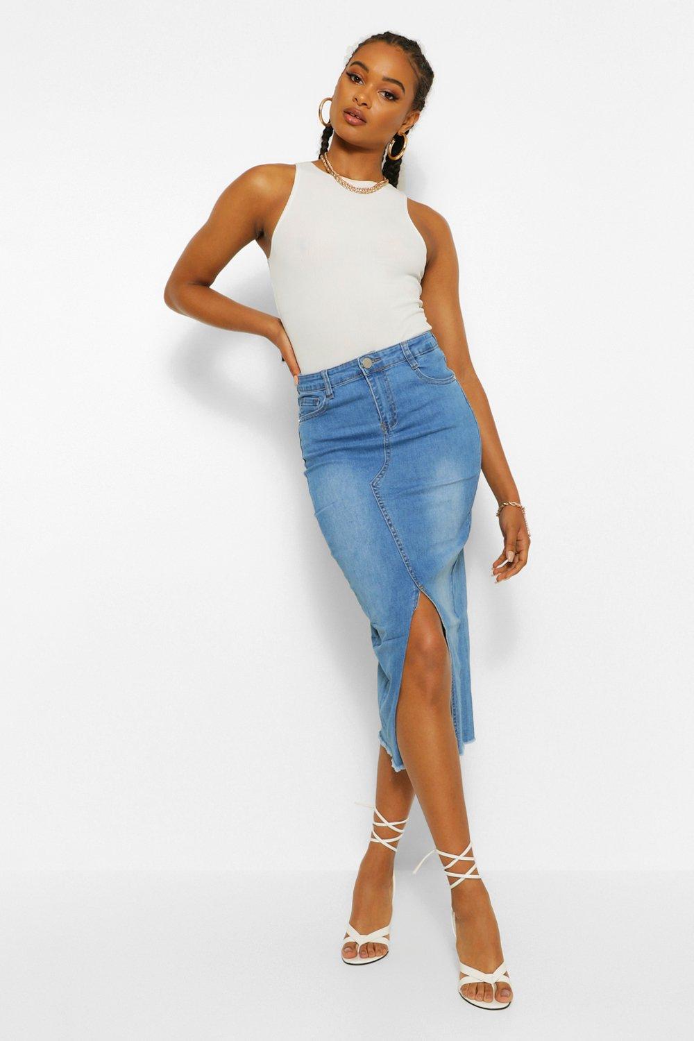 stretch denim midi skirt