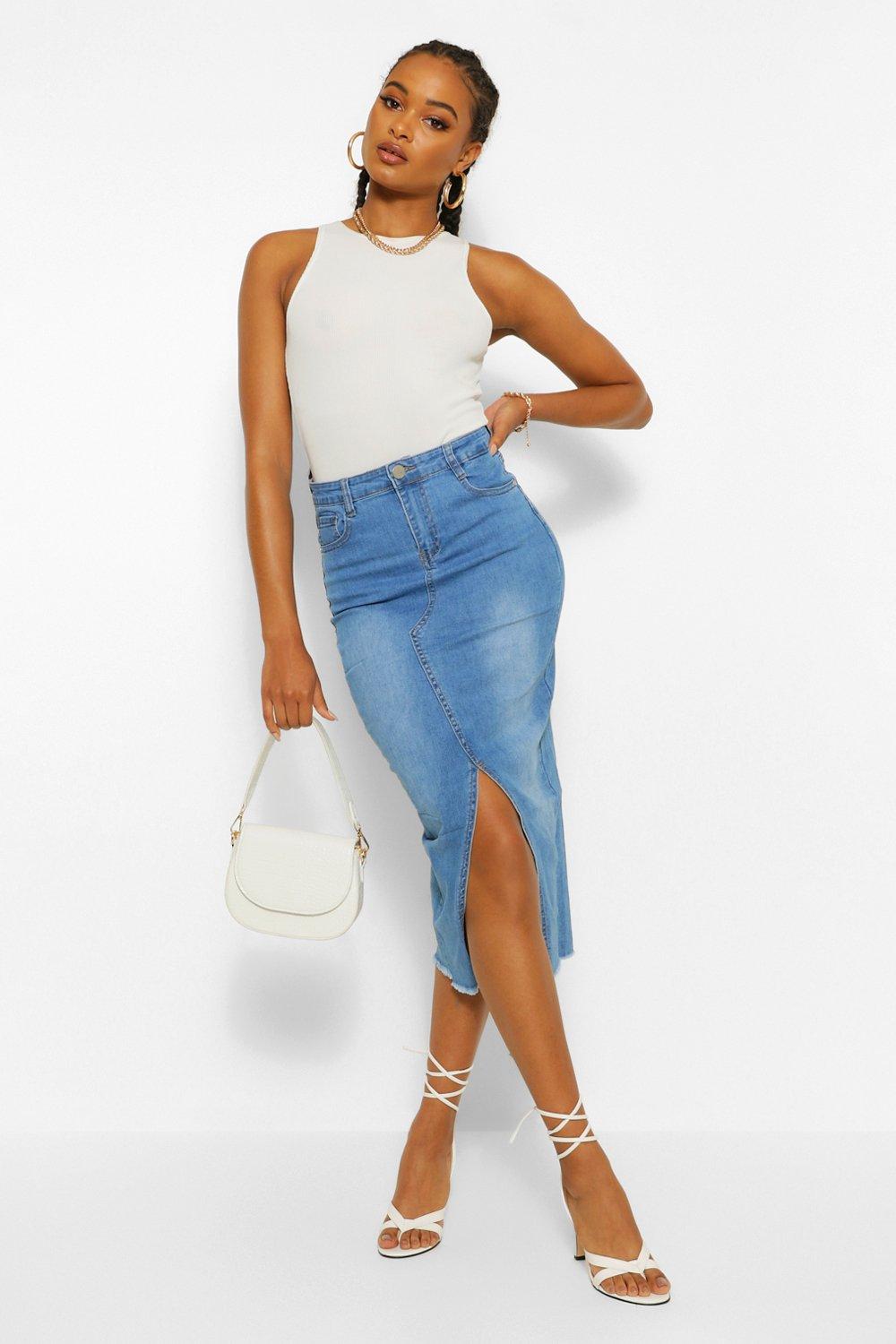 Denim pencil on sale skirt front split