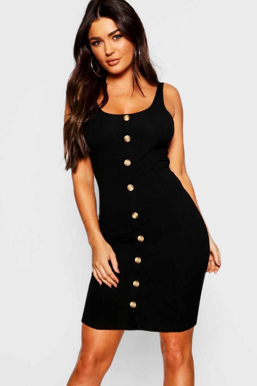 Black Button Front Ribbed Midi Dress image number 1
