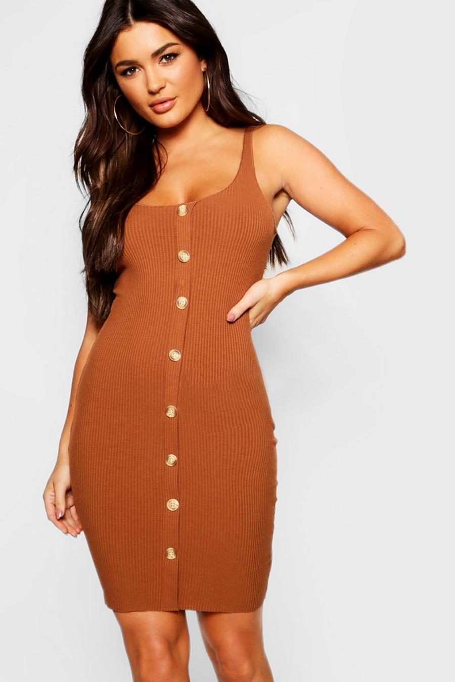 Camel Button Front Ribbed Midi Dress image number 1
