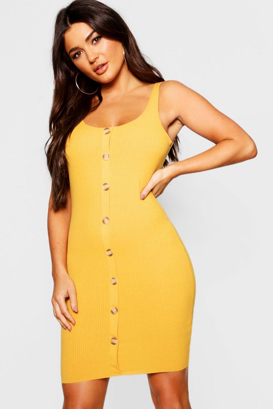 Mustard Button Front Ribbed Midi Dress image number 1