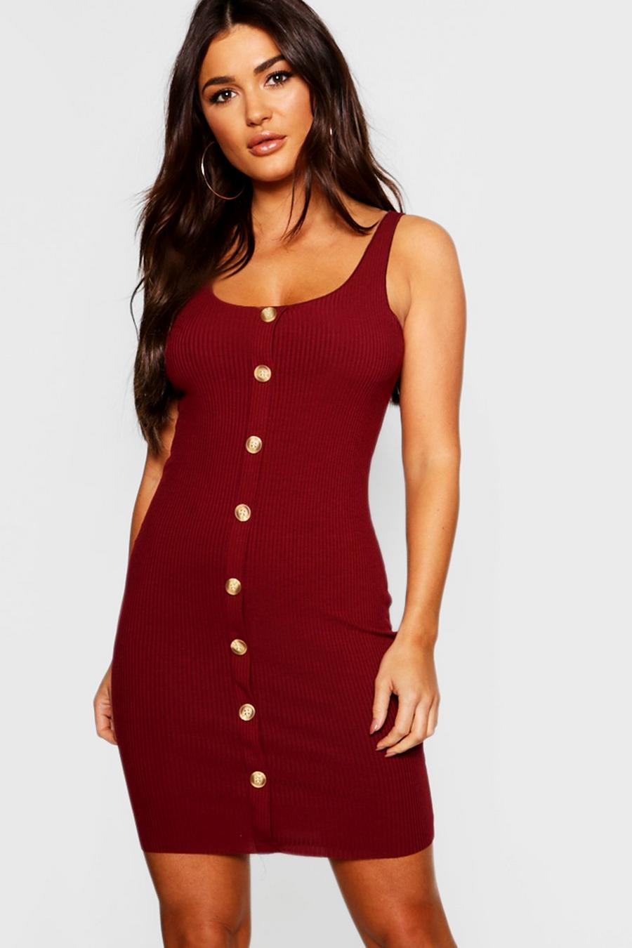 Wine Button Front Ribbed Midi Dress image number 1