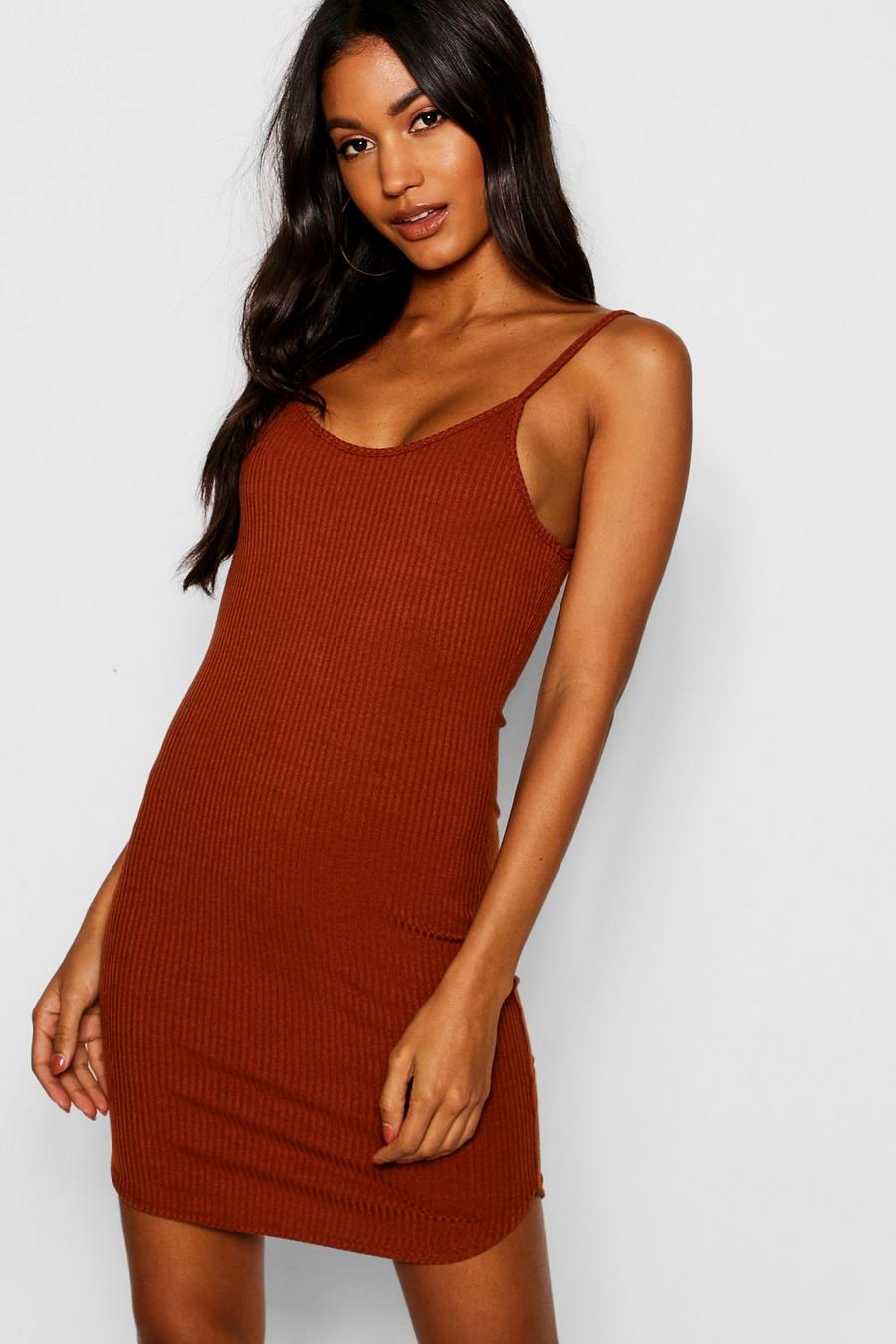 Camel Ribbed Strappy Cami Dress image number 1