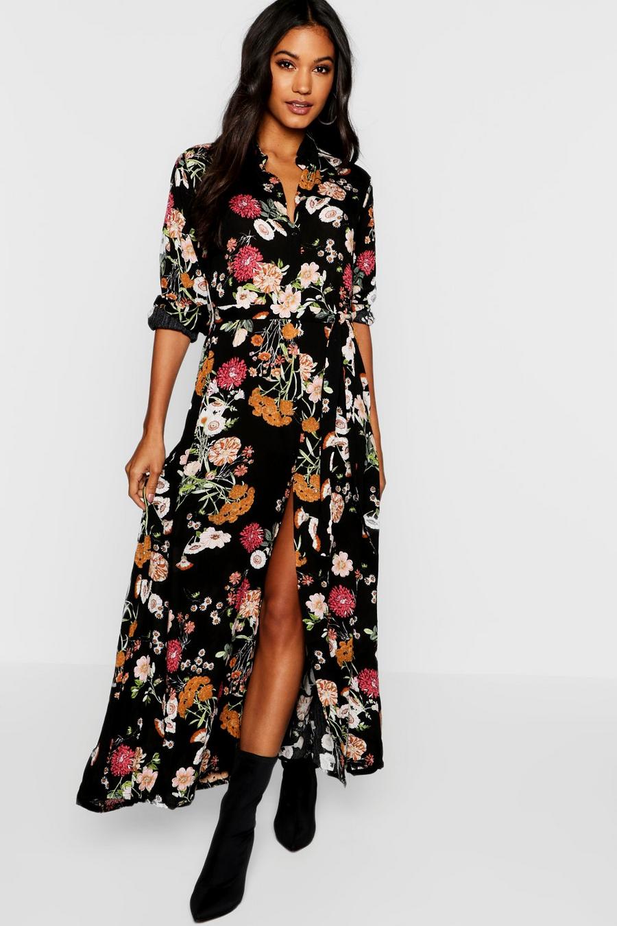 Dark Floral Woven Maxi Shirt Dress image number 1