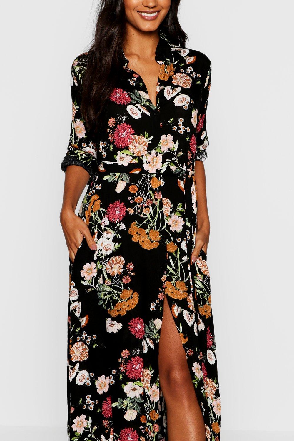 Black floral 2024 maxi shirt dress