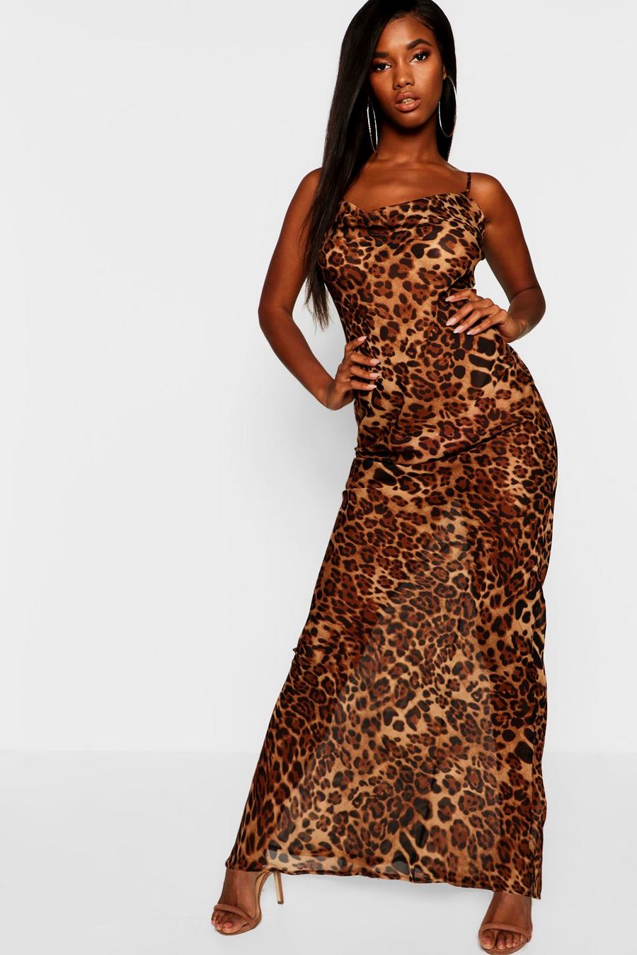 Vestido maxi de malla con estampado de leopardo, Marrón image number 1