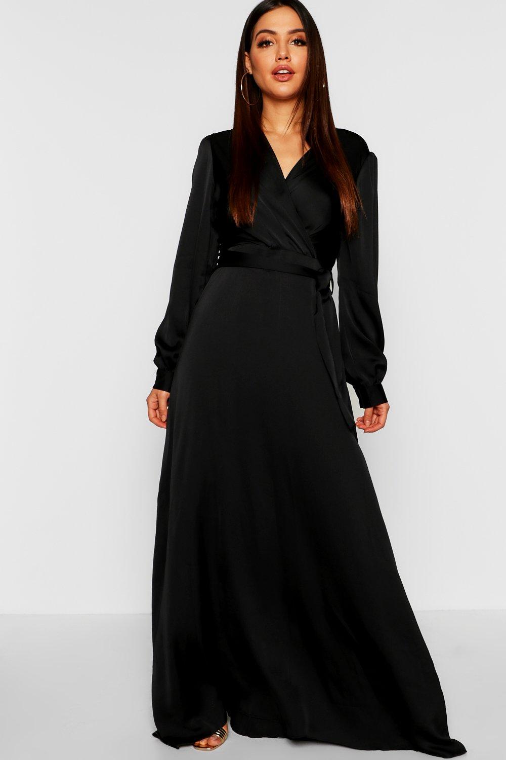 black satin wrap maxi dress