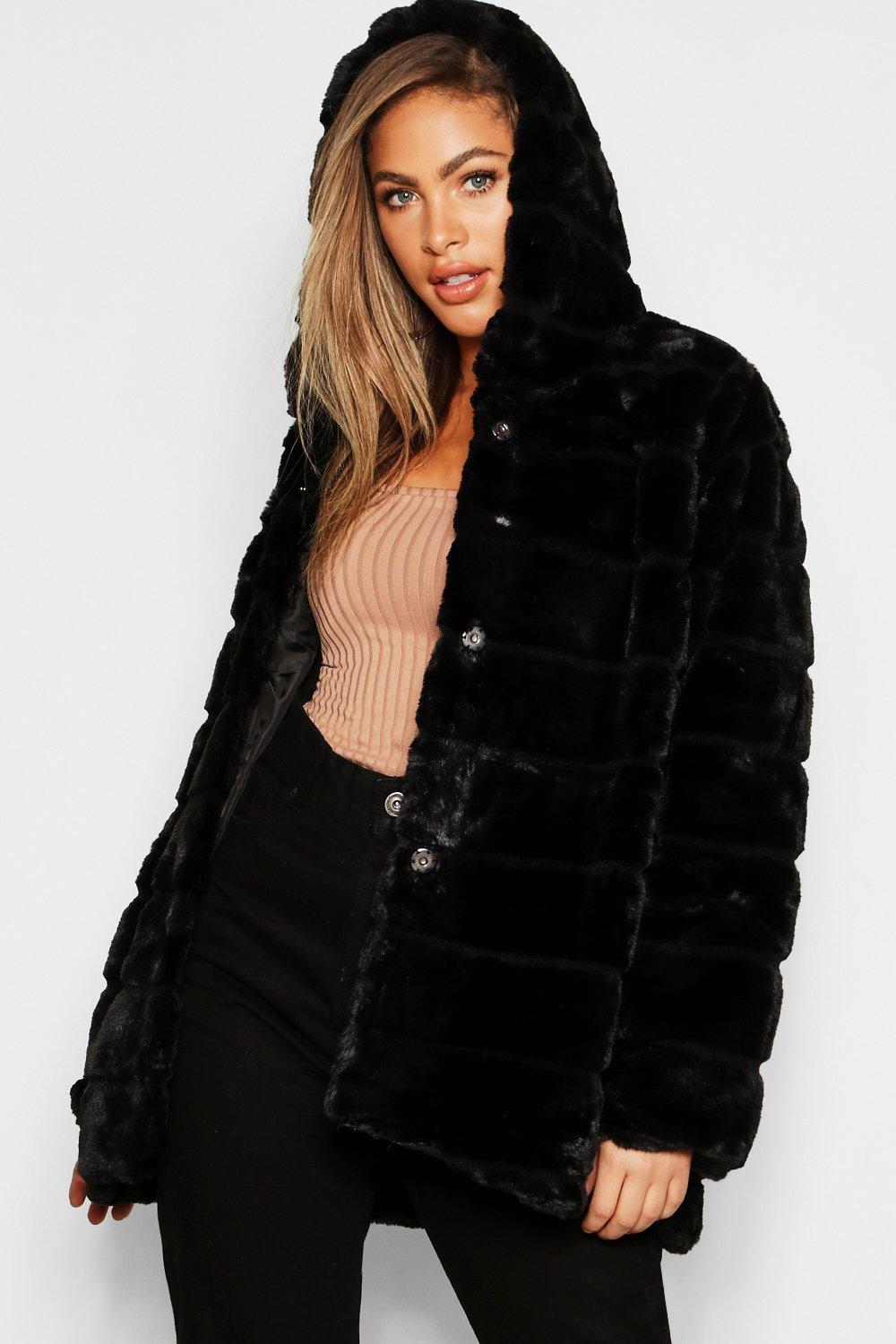 Hooded Panelled Faux Fur Coat